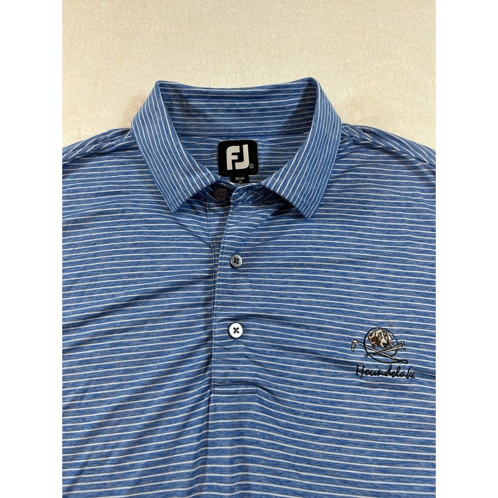 FootJoy FJ Men's Golf Polo Shirt Blue / White Stripe Houndslake Logo Size Large